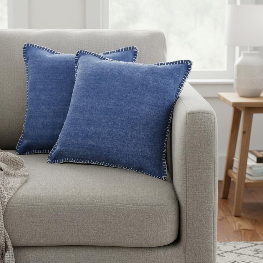 Set of Two 22" X 22" Blue Lumbar Cotton Throw Pillow Covers
