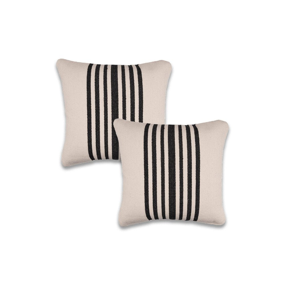 Two square throw pillow covers with black vertical stripes on a white background.
