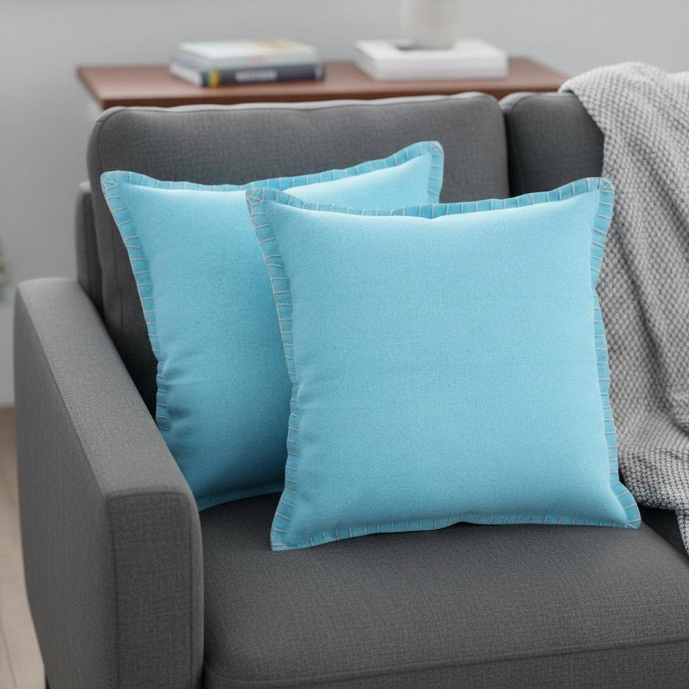Set of Two 20" X 20" Blue Lumbar Cotton Throw Pillow Covers in a home interior