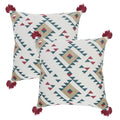 Set of Two 20" White Teal Blue Tan And Crimson Geometric Cotton Throw Pillows on a white background