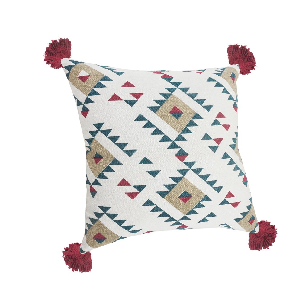 Set of Two 20" White Teal Blue Tan And Crimson Geometric Cotton Throw Pillows