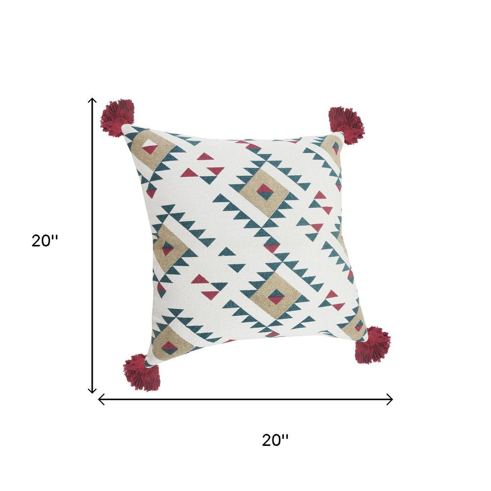 Set of Two 20" White Teal Blue Tan And Crimson Geometric Cotton Throw Pillows on a white background