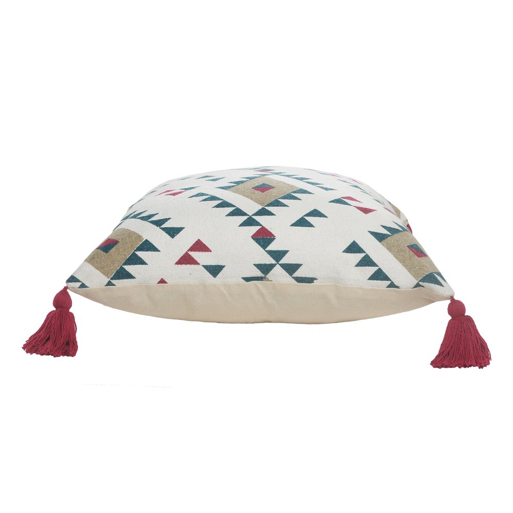 Set of Two 20" White Teal Blue Tan And Crimson Geometric Cotton Throw Pillows