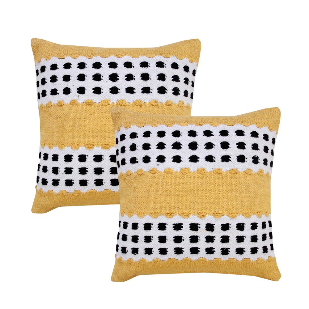 Set of Two 20" Yellow Black And White Striped Cotton Throw Pillows