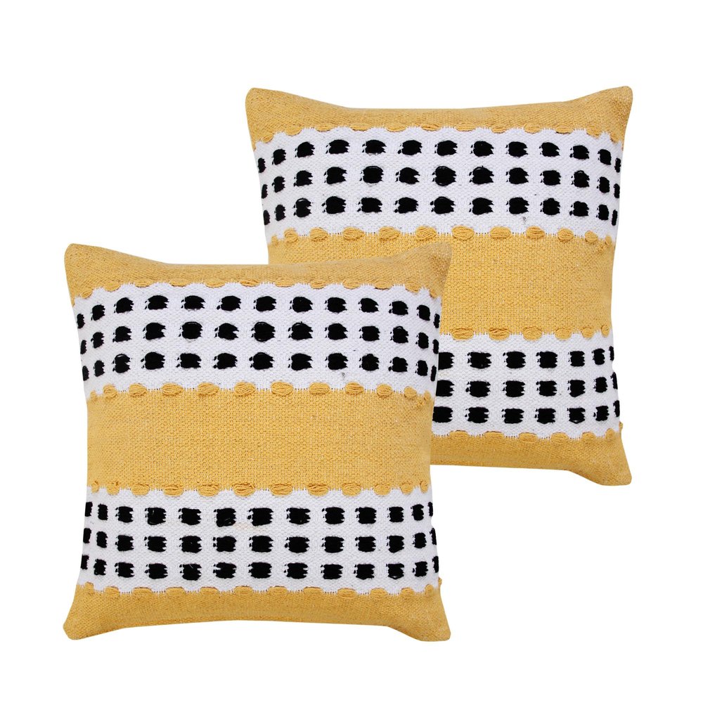 Set of Two 20" Yellow Black And White Striped Cotton Throw Pillows
