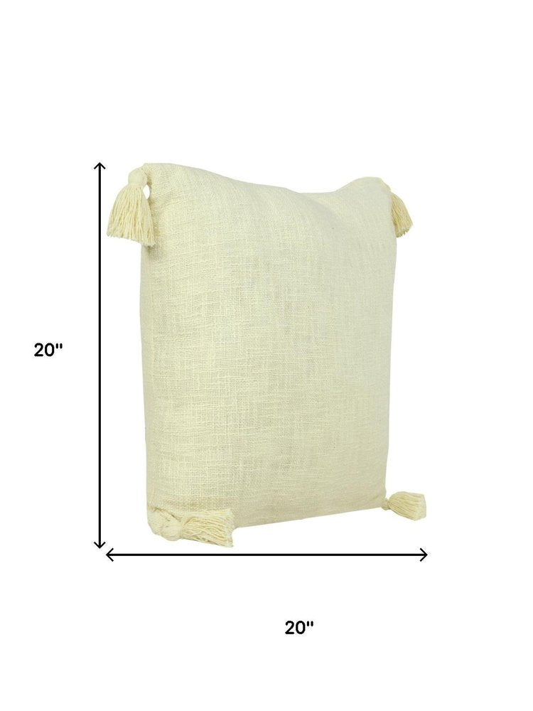 Set of Two 20" Yellow Cotton Throw Pillows with Tassels on a white background