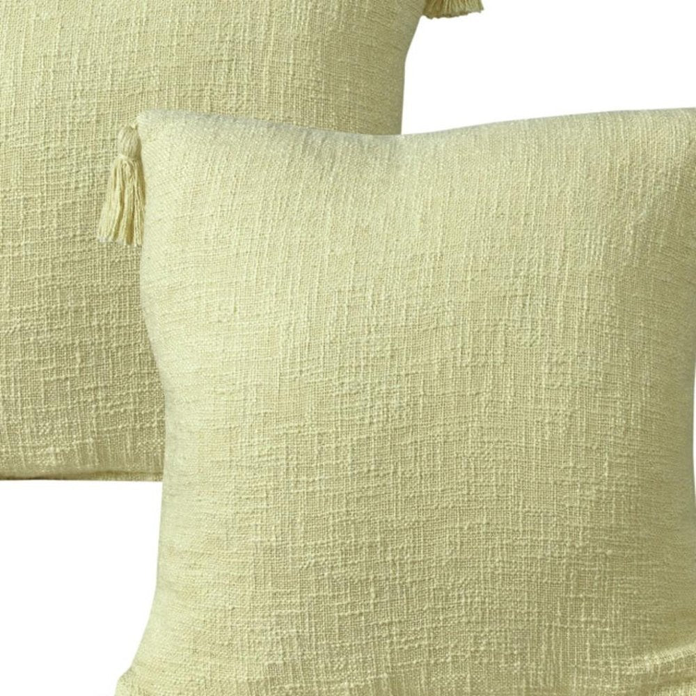 Set of Two 20" Yellow Cotton Throw Pillows with Tassels