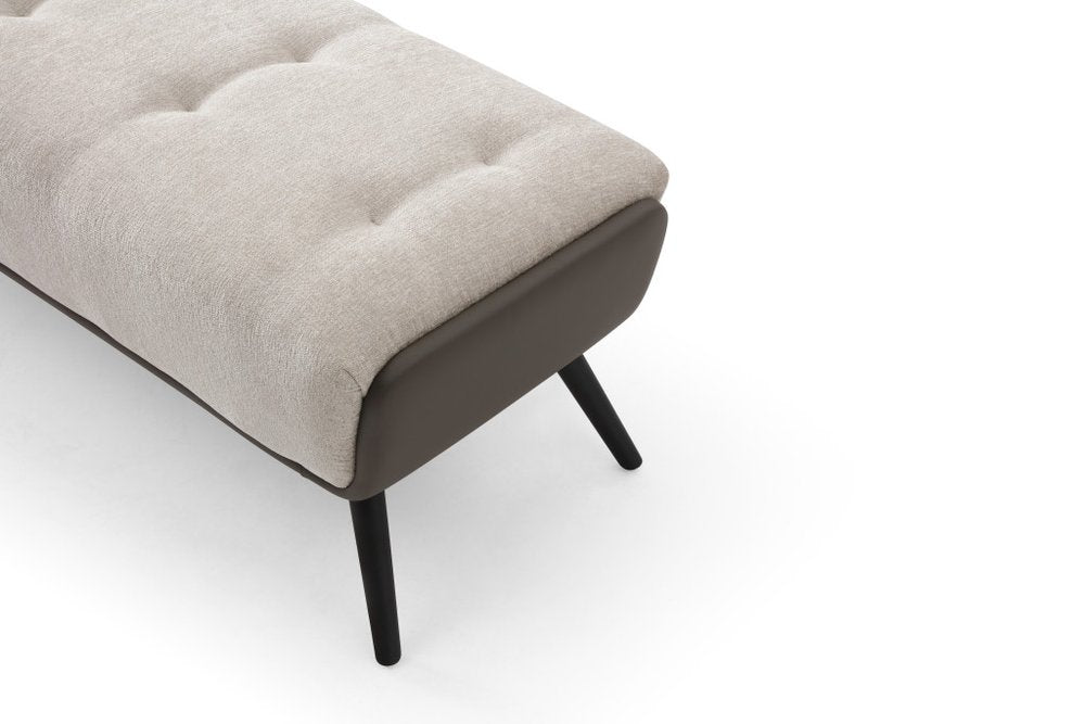 58" Beige Dark Gray and Black Tufted Faux Leather Fabric and Steel Upholstered Bench