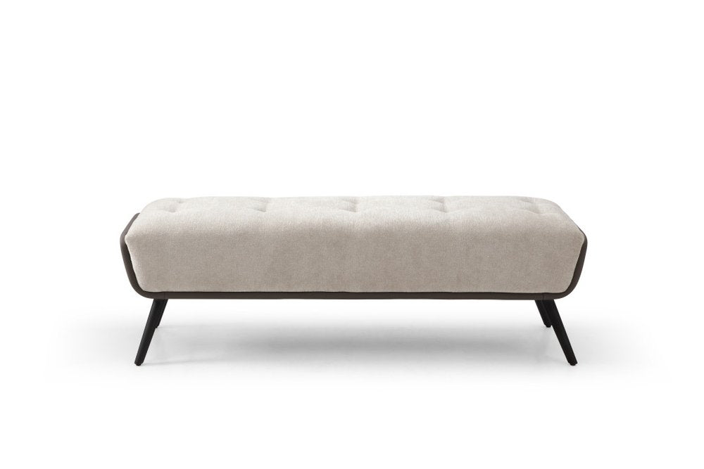 58" Beige Dark Gray and Black Tufted Faux Leather Fabric and Steel Upholstered Bench