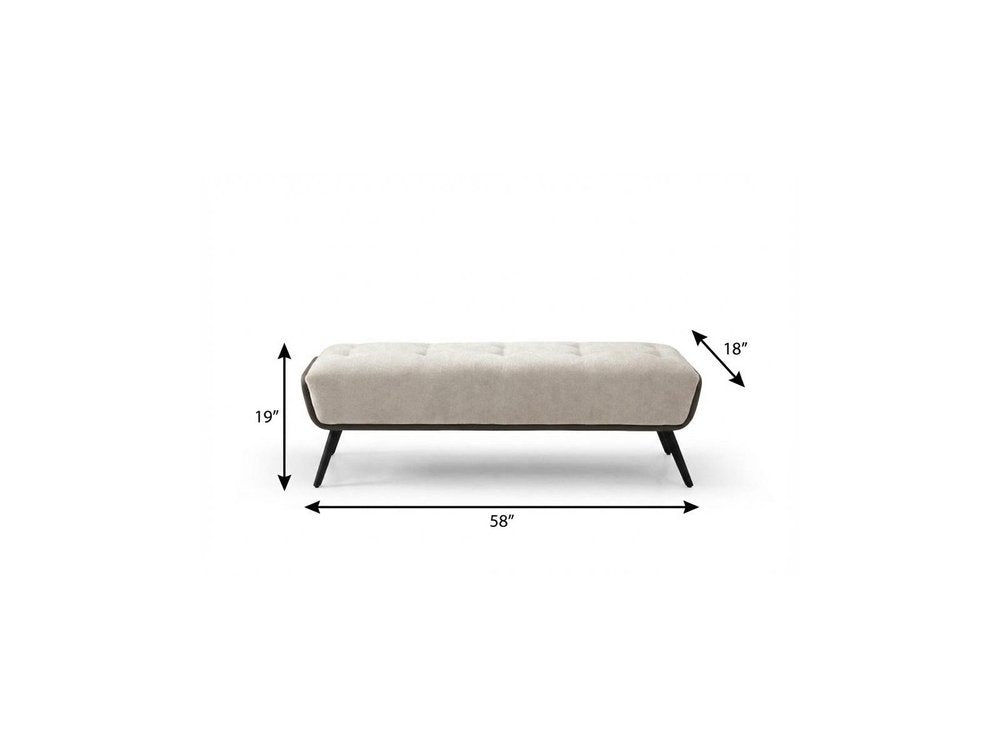58" Beige Dark Gray and Black Tufted Faux Leather Fabric and Steel Upholstered Bench. Bench isolated on a plain white background, showing a beige faux leather surface.