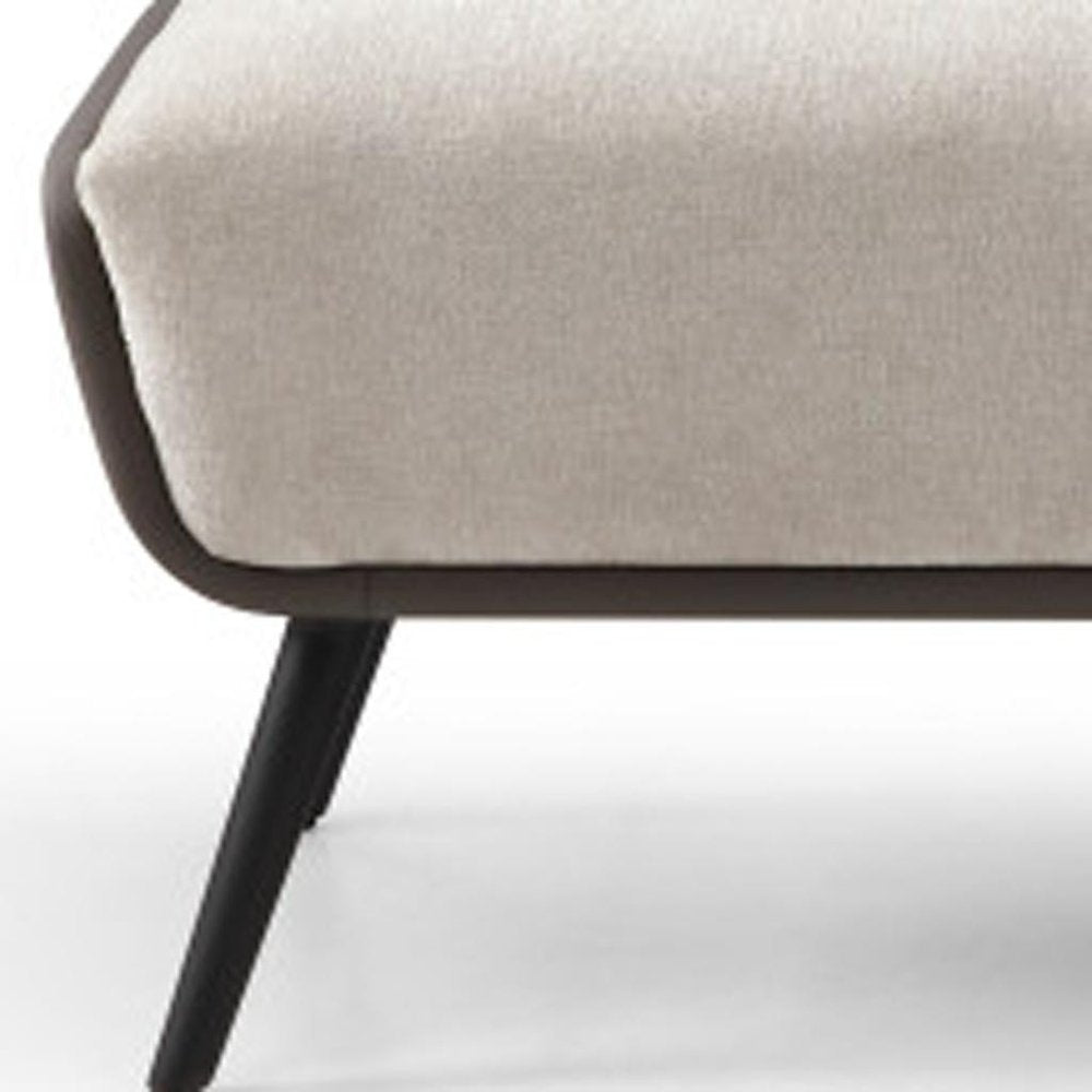 58" Beige Dark Gray and Black Tufted Faux Leather Fabric and Steel Upholstered Bench. Bench isolated on a plain white background, in a beige faux leather finish.