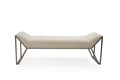 A cream quilted faux leather upholstered bench with a gray steel frame on a white background.