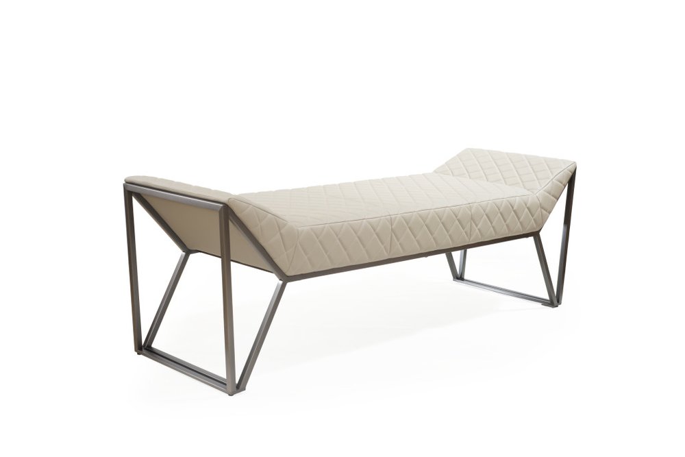63" Cream and Gray Quilted Faux Leather and Steel Upholstered Bench