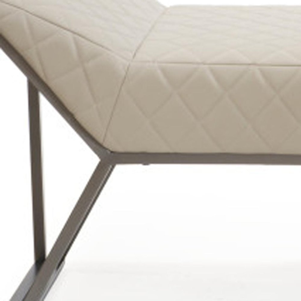 63" Cream and Gray Quilted Faux Leather and Steel Upholstered Bench