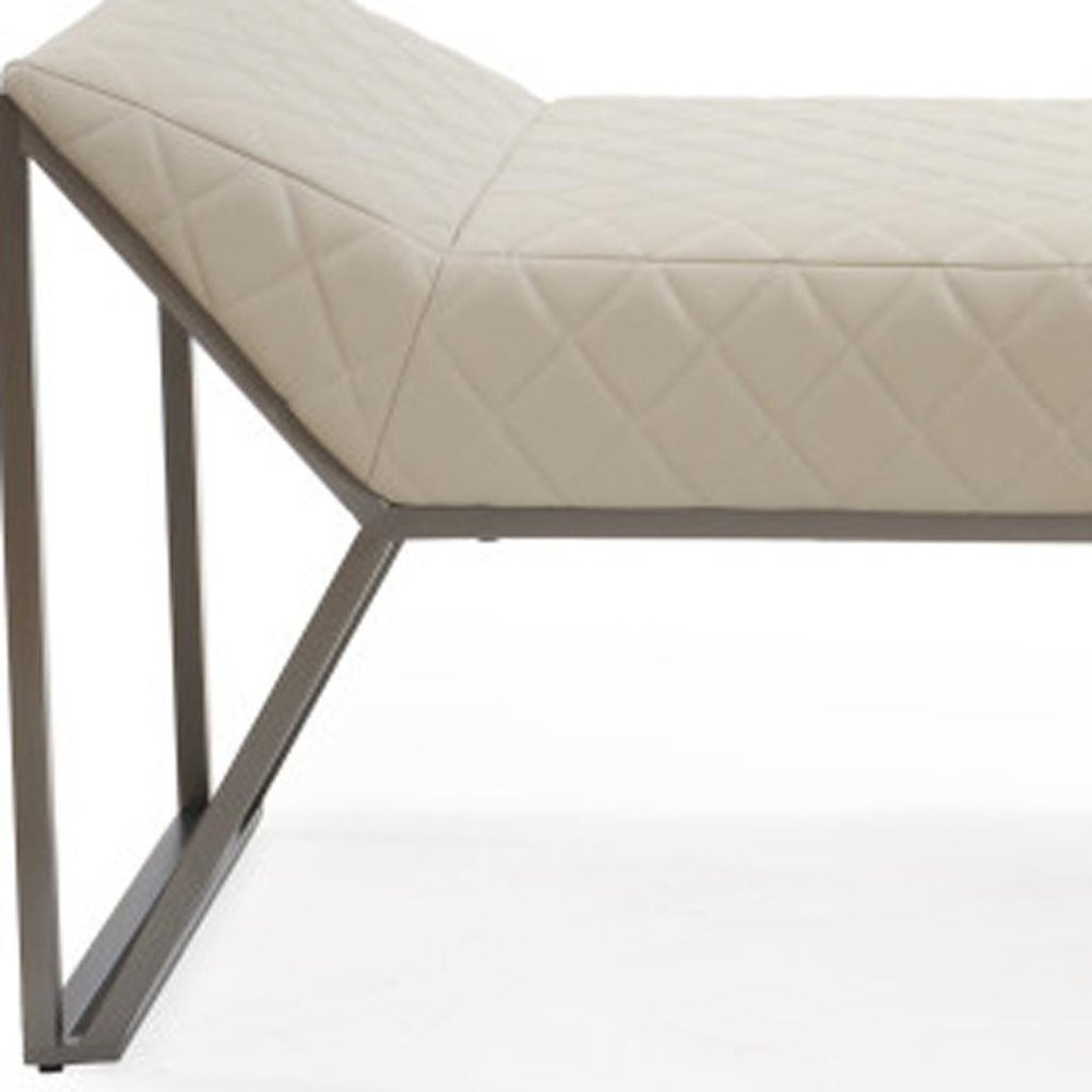 63" Cream and Gray Quilted Faux Leather and Steel Upholstered Bench
