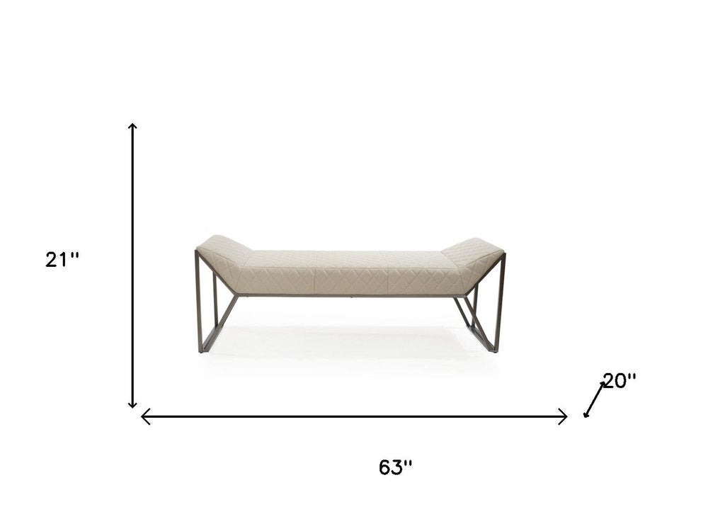 63" Cream and Gray Quilted Faux Leather and Steel Upholstered Bench. Bench isolated on a plain white background, showing a cream faux leather surface.