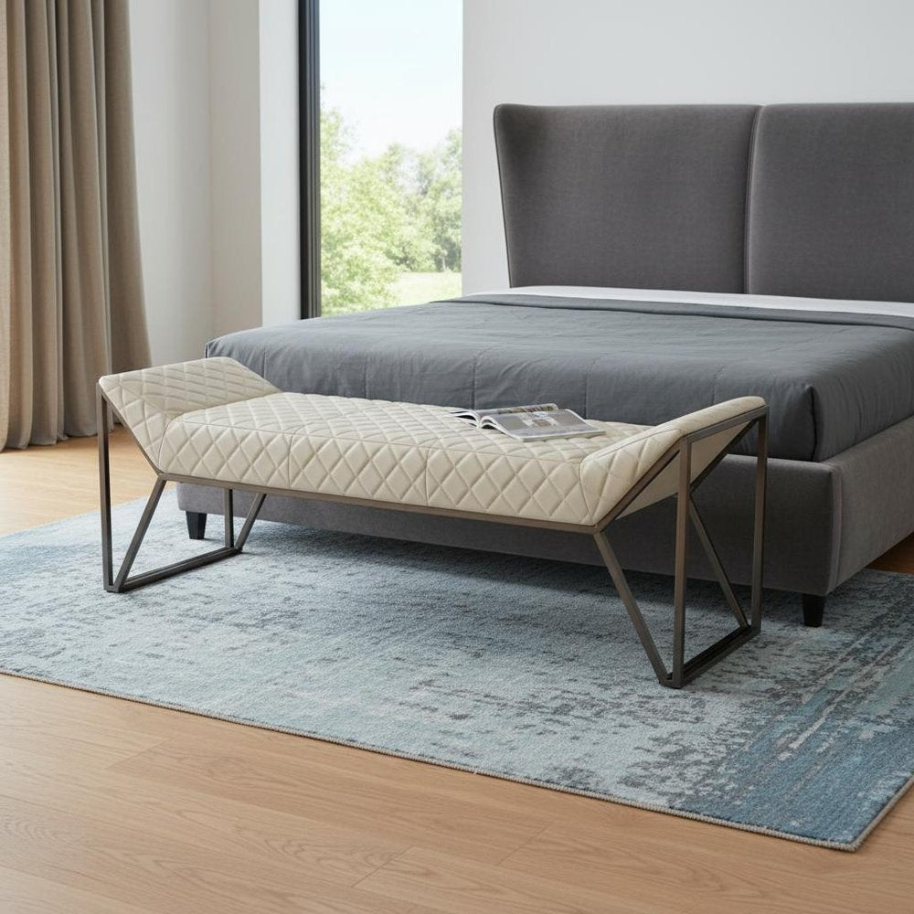 63" Cream and Gray Quilted Faux Leather and Steel Upholstered Bench
