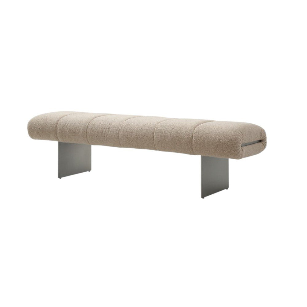 63" Beige and Nickel Boucle and Steel Upholstered Bench