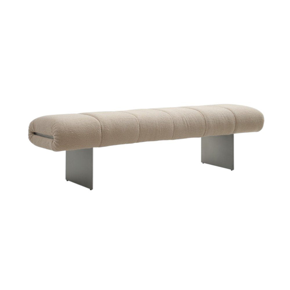 63" Beige and Nickel Boucle and Steel Upholstered Bench