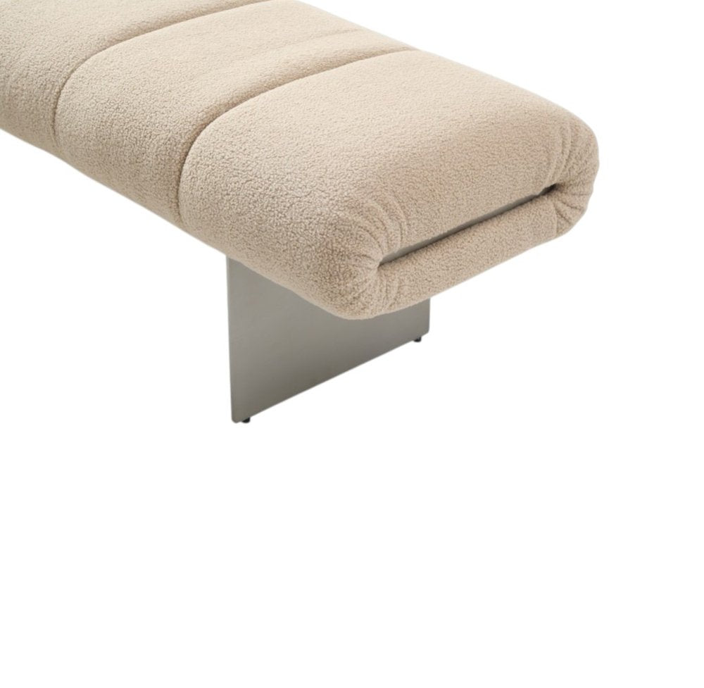 63" Beige and Nickel Boucle and Steel Upholstered Bench on a white background