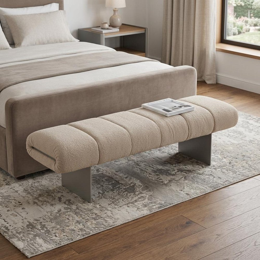 63" Beige and Nickel Boucle and Steel Upholstered Bench in a home interior