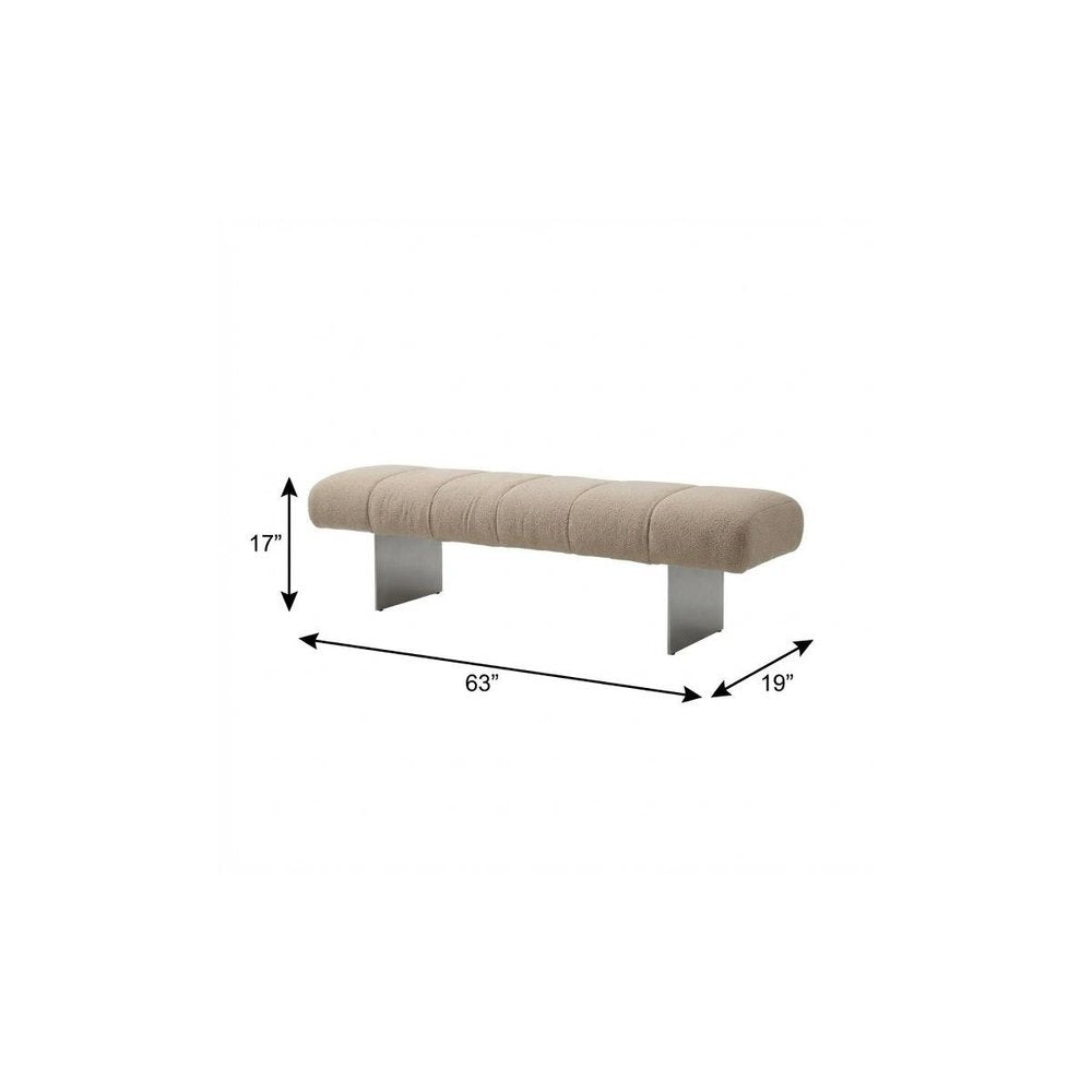 63" Beige and Nickel Boucle and Steel Upholstered Bench on a white background