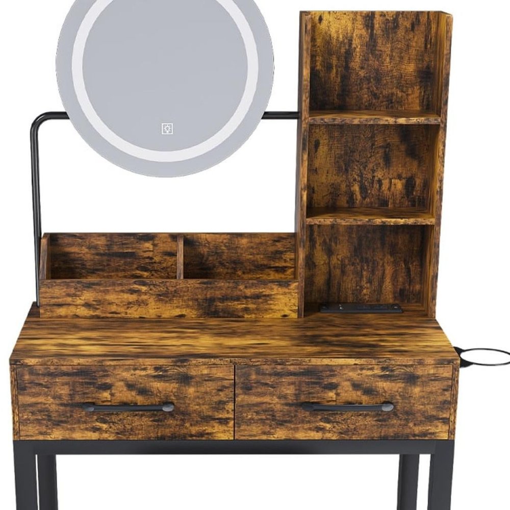 31" Brown Wood Mirrored Two Drawer Vanity Table