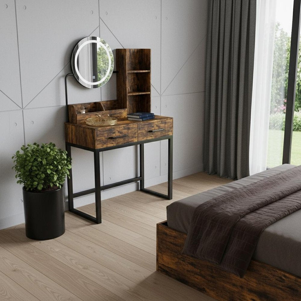 31" Brown Wood Mirrored Two Drawer Vanity Table
