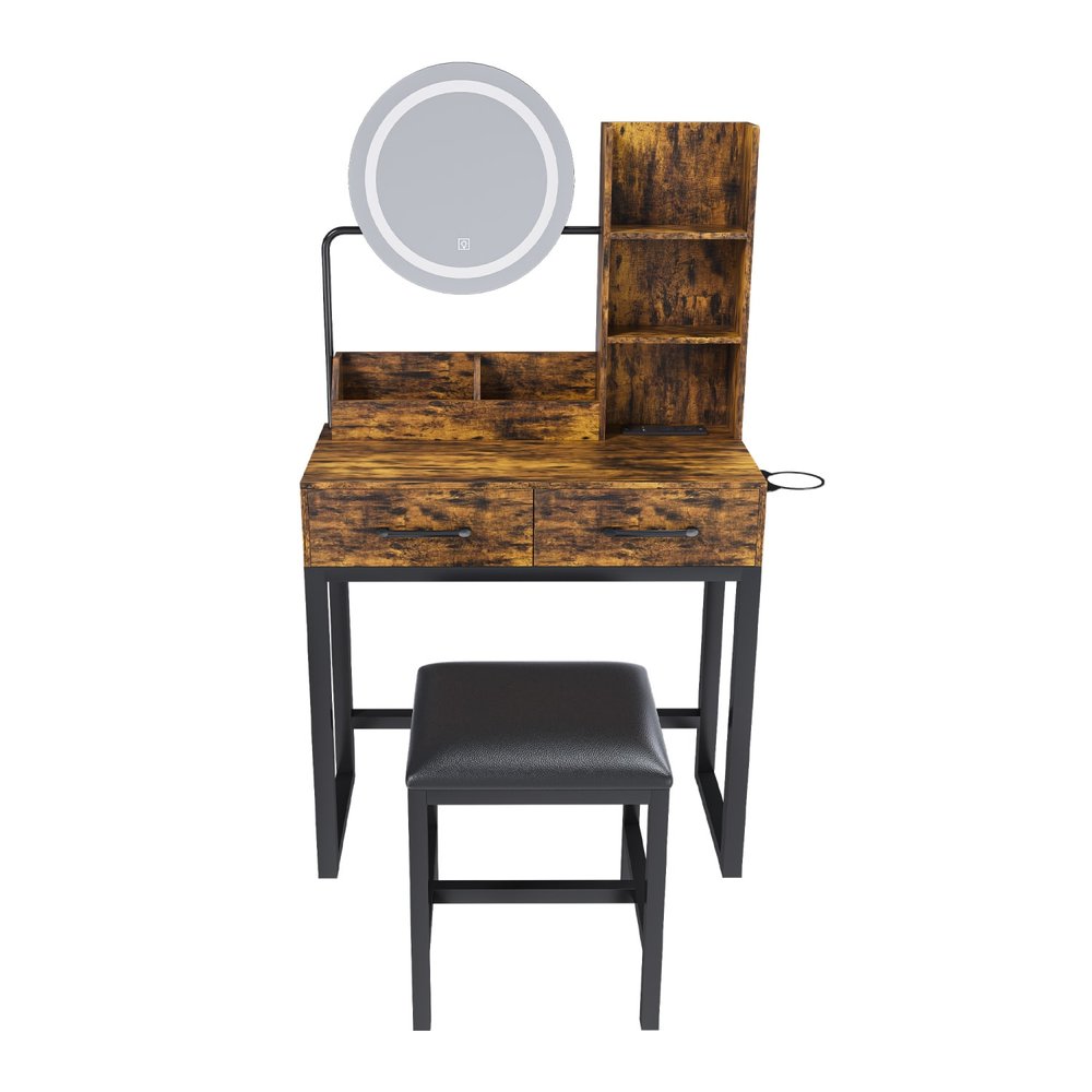 31" Brown Wood Mirrored Two Drawer Vanity Table