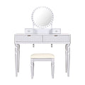 39" Silver Wood Mirrored Two Drawer Vanity Table. Vanity table isolated on a plain white background, finished in silver wood.