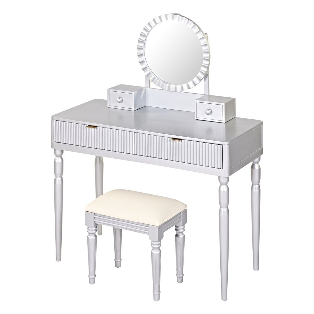 39" Silver Wood Mirrored Two Drawer Vanity Table