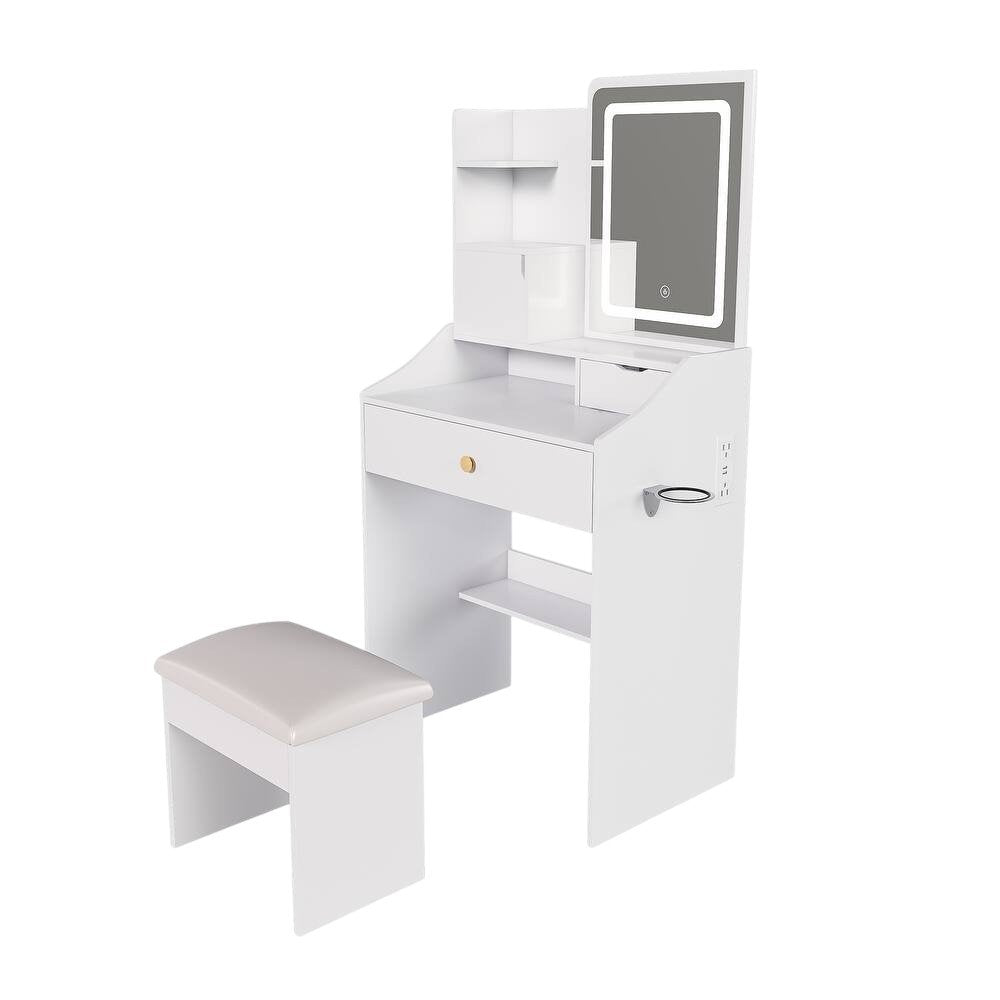 43" White Wood Mirrored Three Drawer Vanity Table. Vanity table isolated on a plain white background, in a white wood finish.