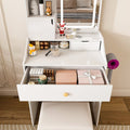 43" White Wood Mirrored Three Drawer Vanity Table styled in a furnished interior with an off-white wall on a dark wood floor.