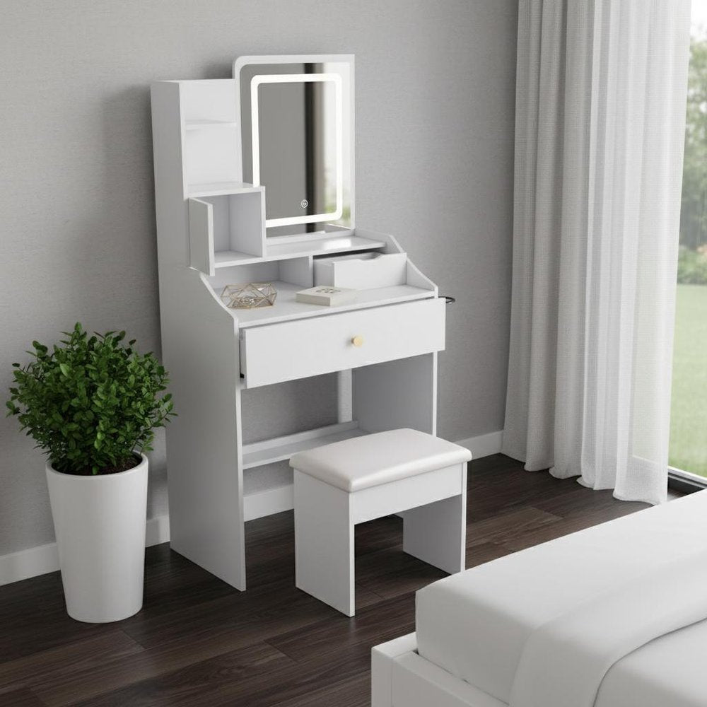 43" White Wood Mirrored Three Drawer Vanity Table