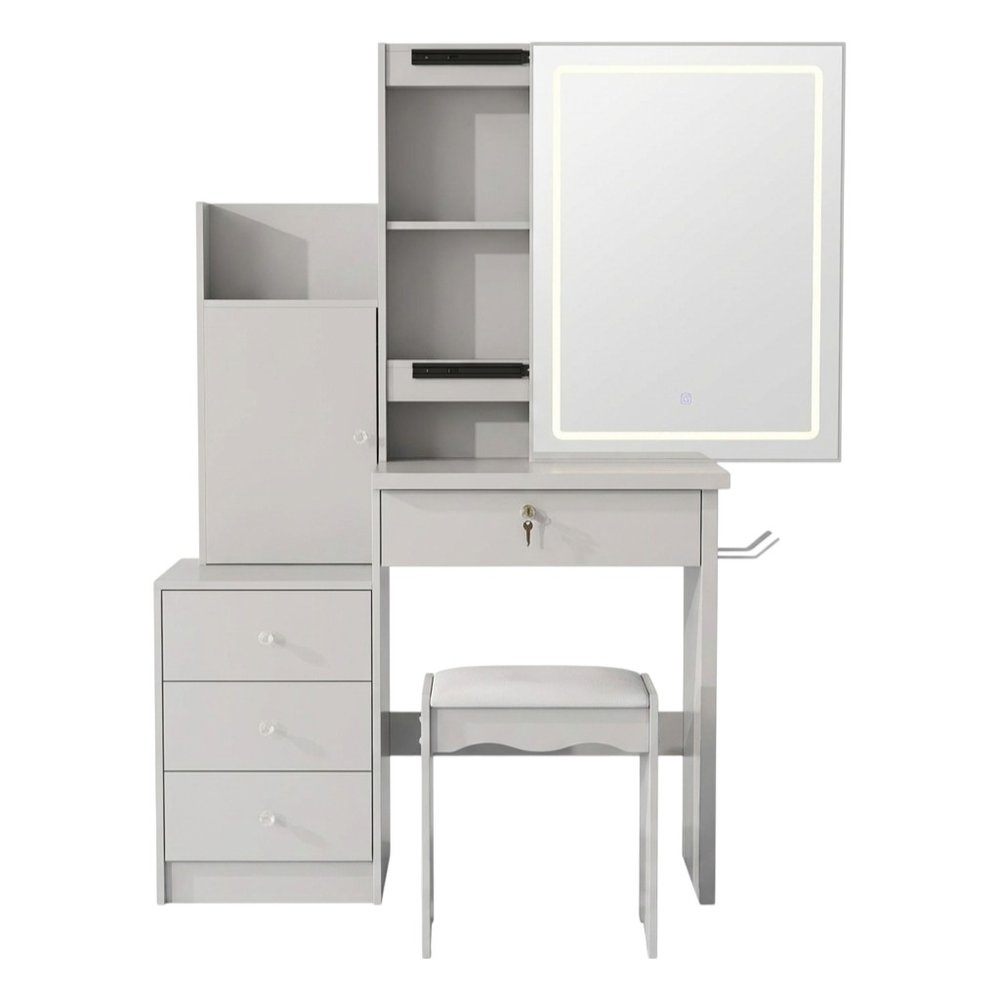 35" White Wood Mirrored Four Drawer Vanity Table