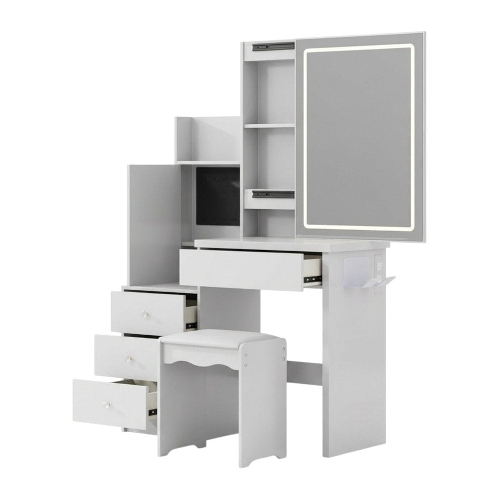 35" White Wood Mirrored Four Drawer Vanity Table