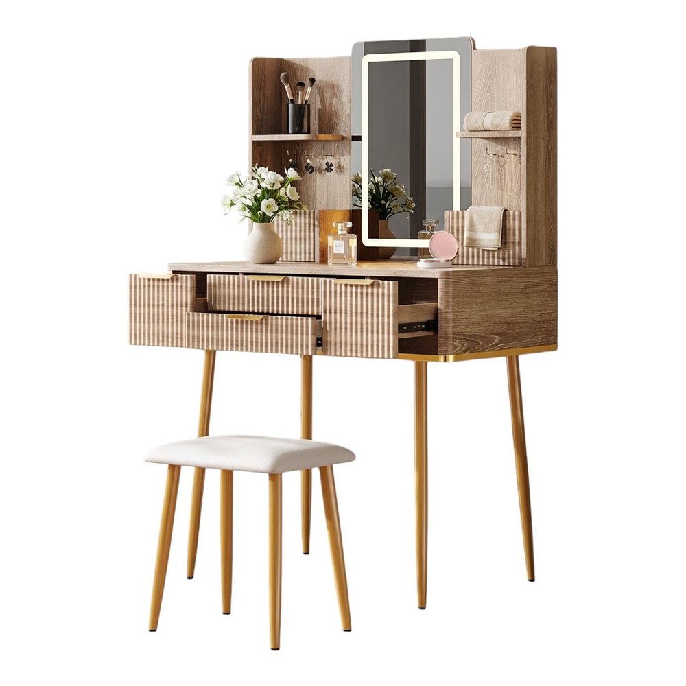 30" Brown Wood Mirrored Four Drawer Vanity Table