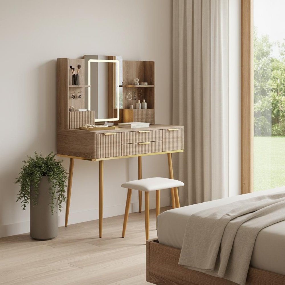 30" Brown Wood Mirrored Four Drawer Vanity Table