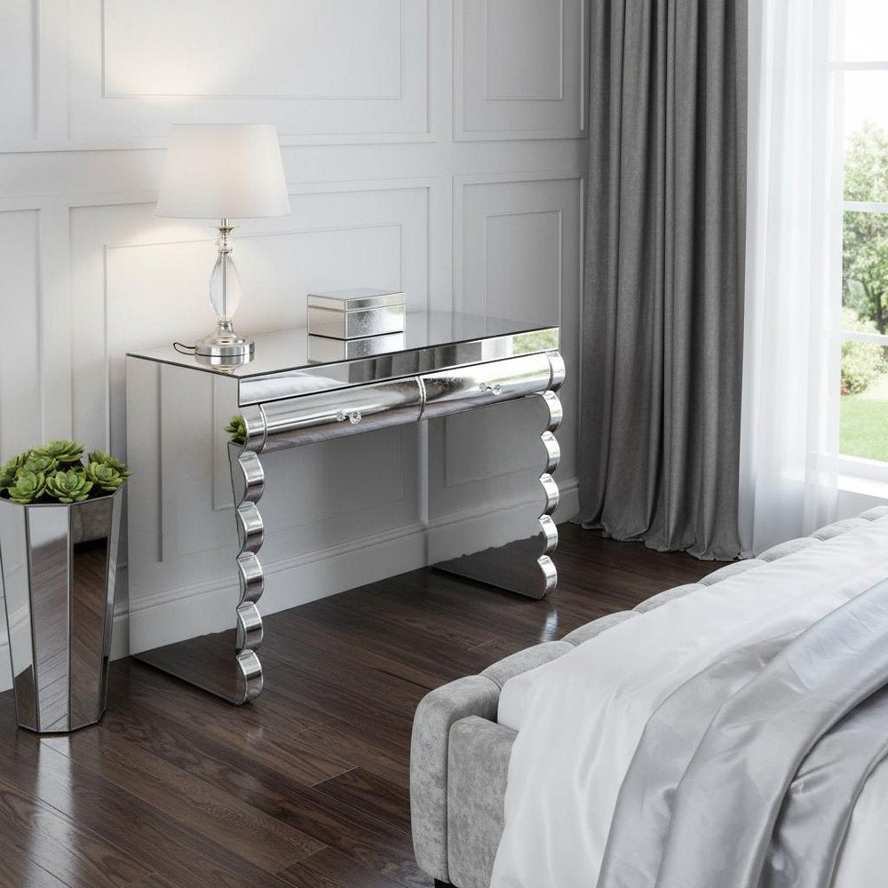 39" Silver Wood Two Drawer Vanity Table. Vanity table in silver wood.