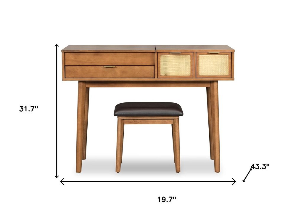 43" Brown Wood Mirrored Three Drawer Vanity Table. Vanity table isolated on a plain white background, in a brown wood finish.