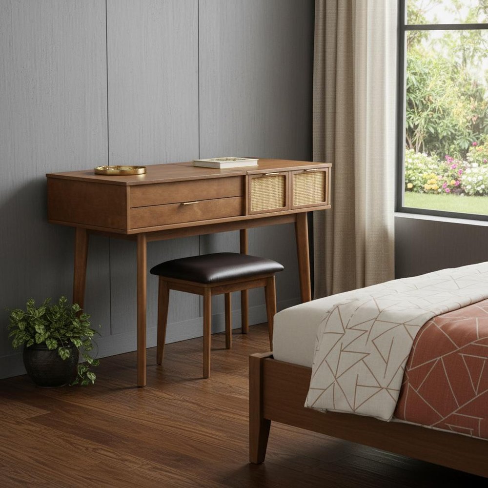 43" Brown Wood Mirrored Three Drawer Vanity Table styled in a furnished interior with a gray wall on a dark wood floor.