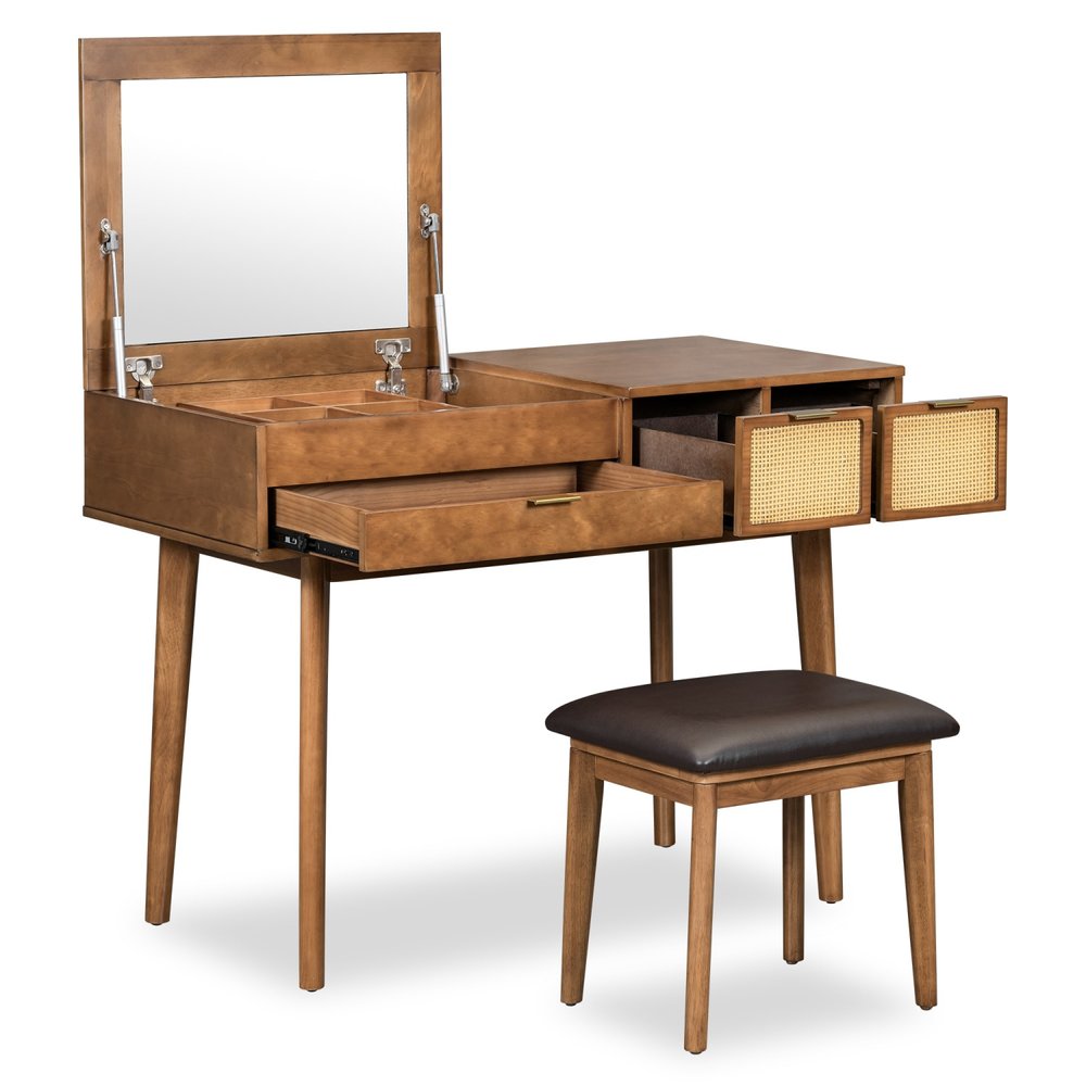Brown wood vanity table with a lift-top mirror, three drawers, and a matching stool against a white background.