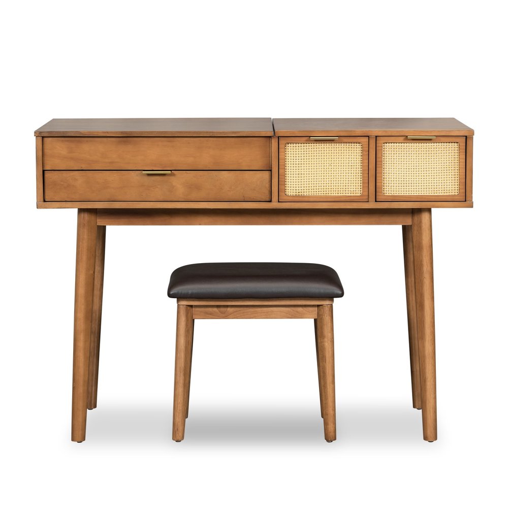 43" Brown Wood Mirrored Three Drawer Vanity Table