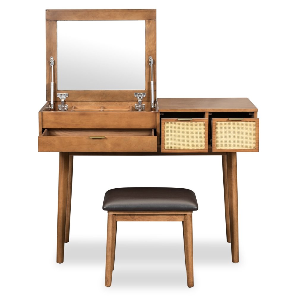 43" Brown Wood Mirrored Three Drawer Vanity Table