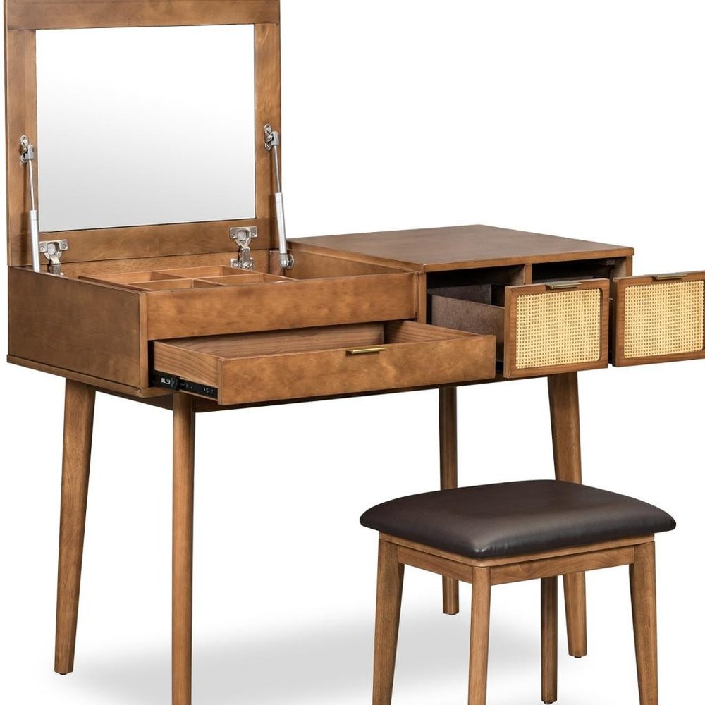 43" Brown Wood Mirrored Three Drawer Vanity Table