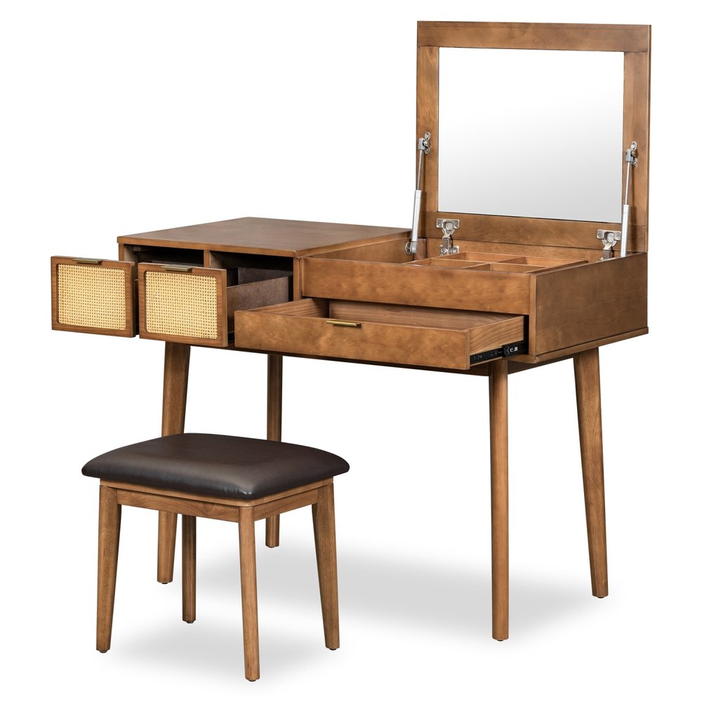43" Brown Wood Mirrored Three Drawer Vanity Table. Vanity table isolated on a plain white background, showing a brown wood surface.