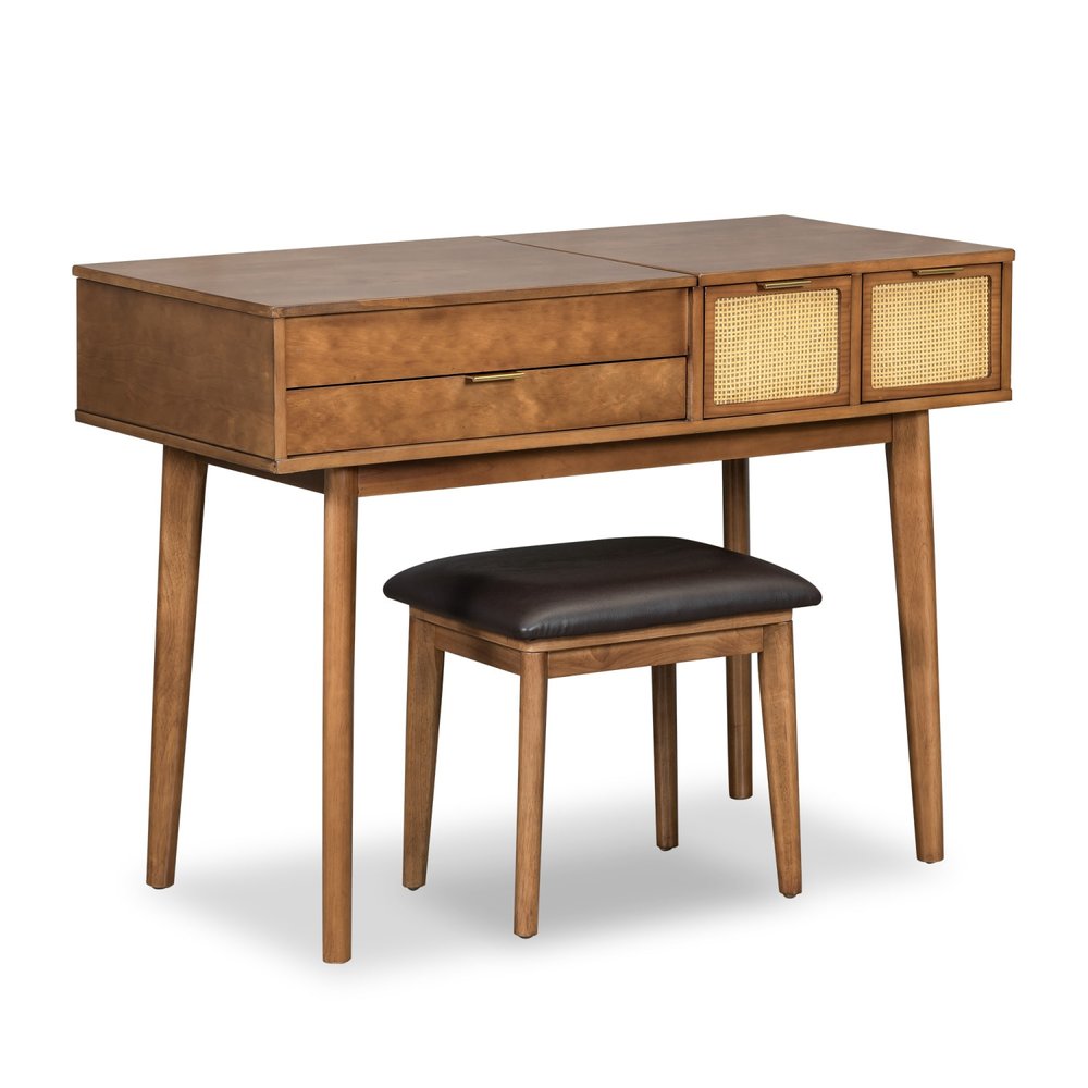 43" Brown Wood Mirrored Three Drawer Vanity Table