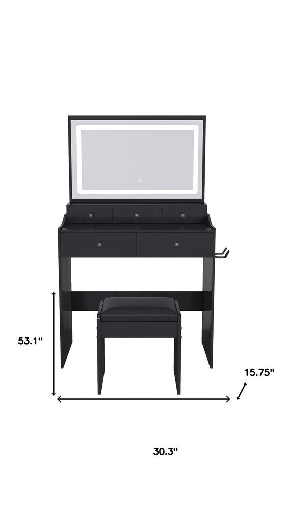 30" Black Wood Mirrored Five Drawer Vanity Table