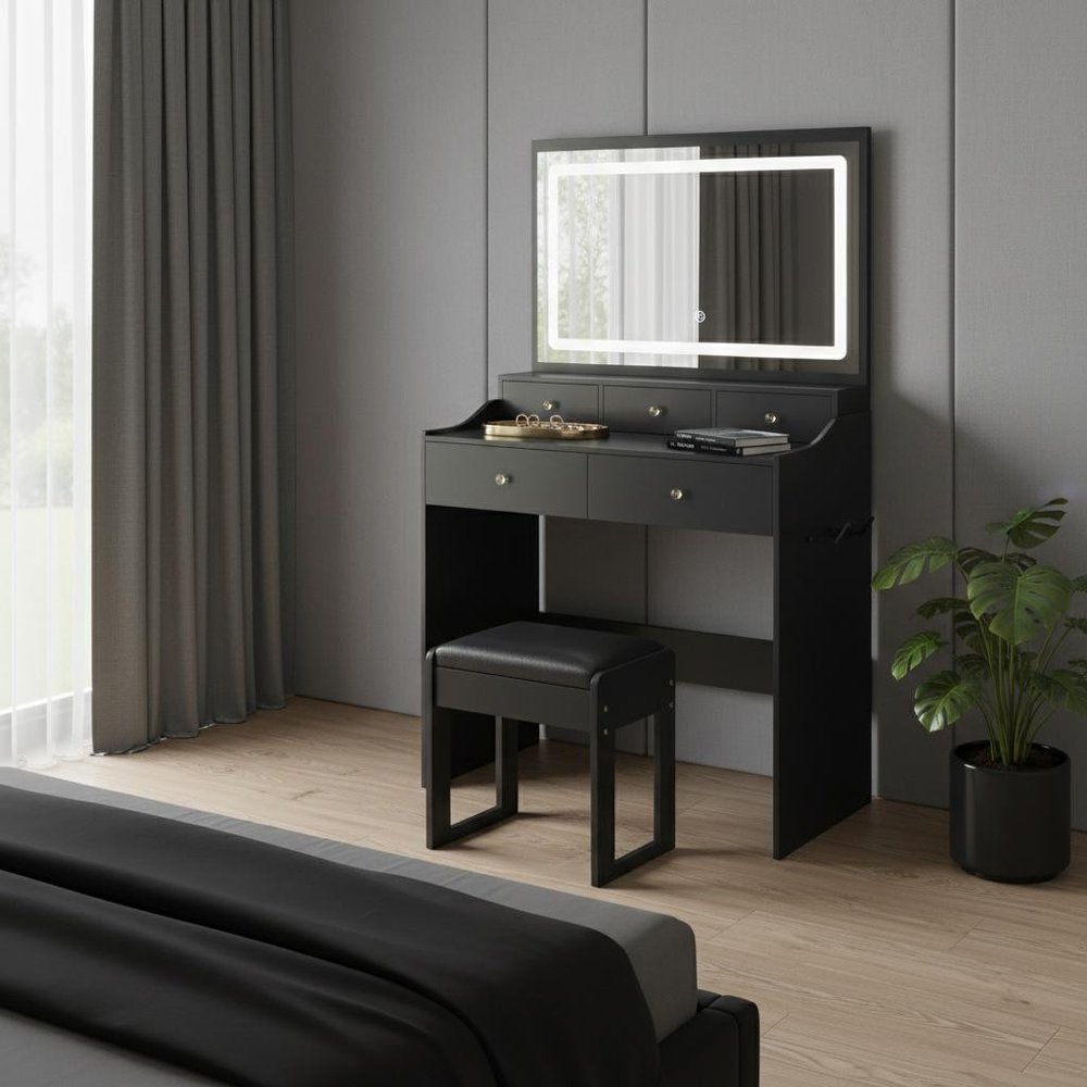 30" Black Wood Mirrored Five Drawer Vanity Table