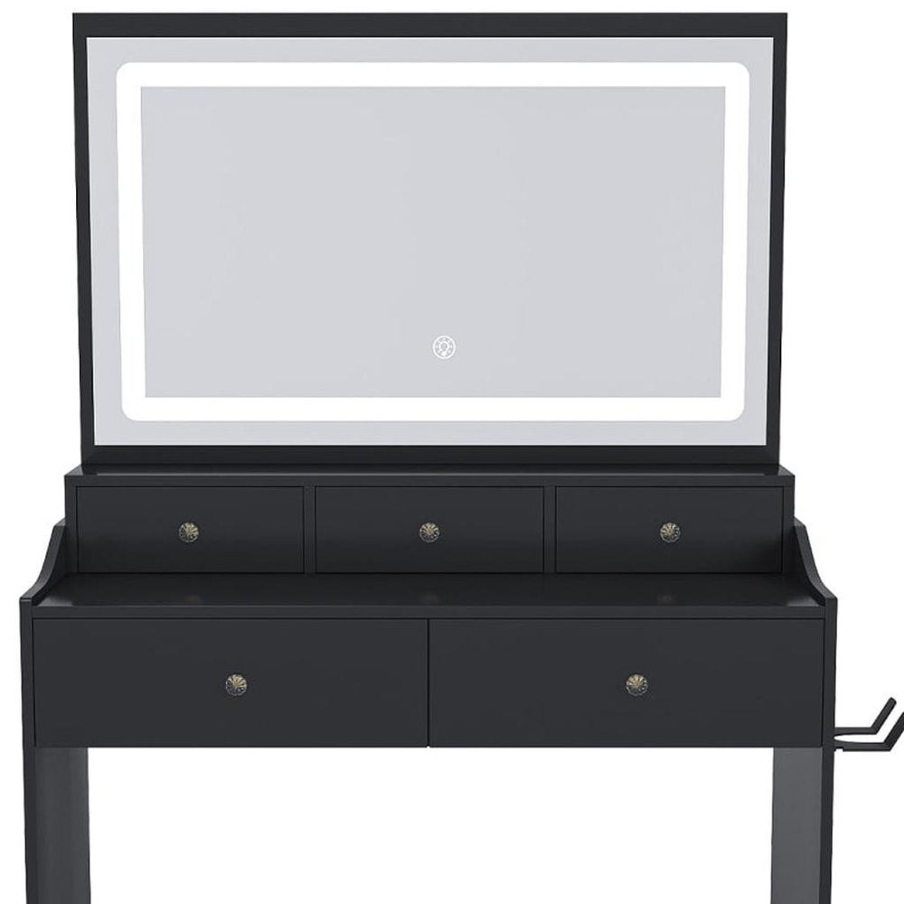 30" Black Wood Mirrored Five Drawer Vanity Table